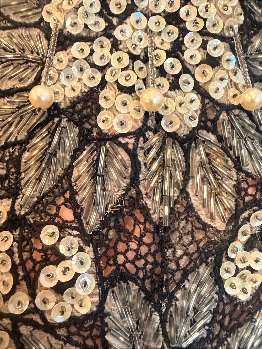 Vintage 60s Embellished Black Floral Beaded and pearls Shift Dress with slip - Picture 9 of 17